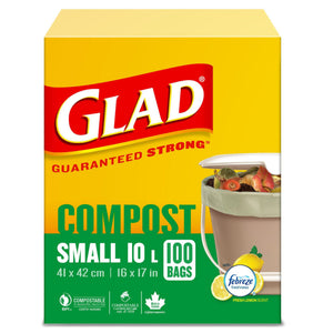 Glad 100% Compostable Bags - Small 10 Litres - Lemon Scent, 100 Trash Bags