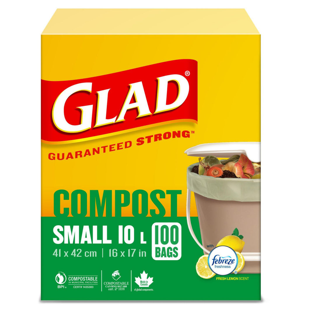 Glad 100% Compostable Bags - Small 10 Litres - Lemon Scent, 100 Trash Bags