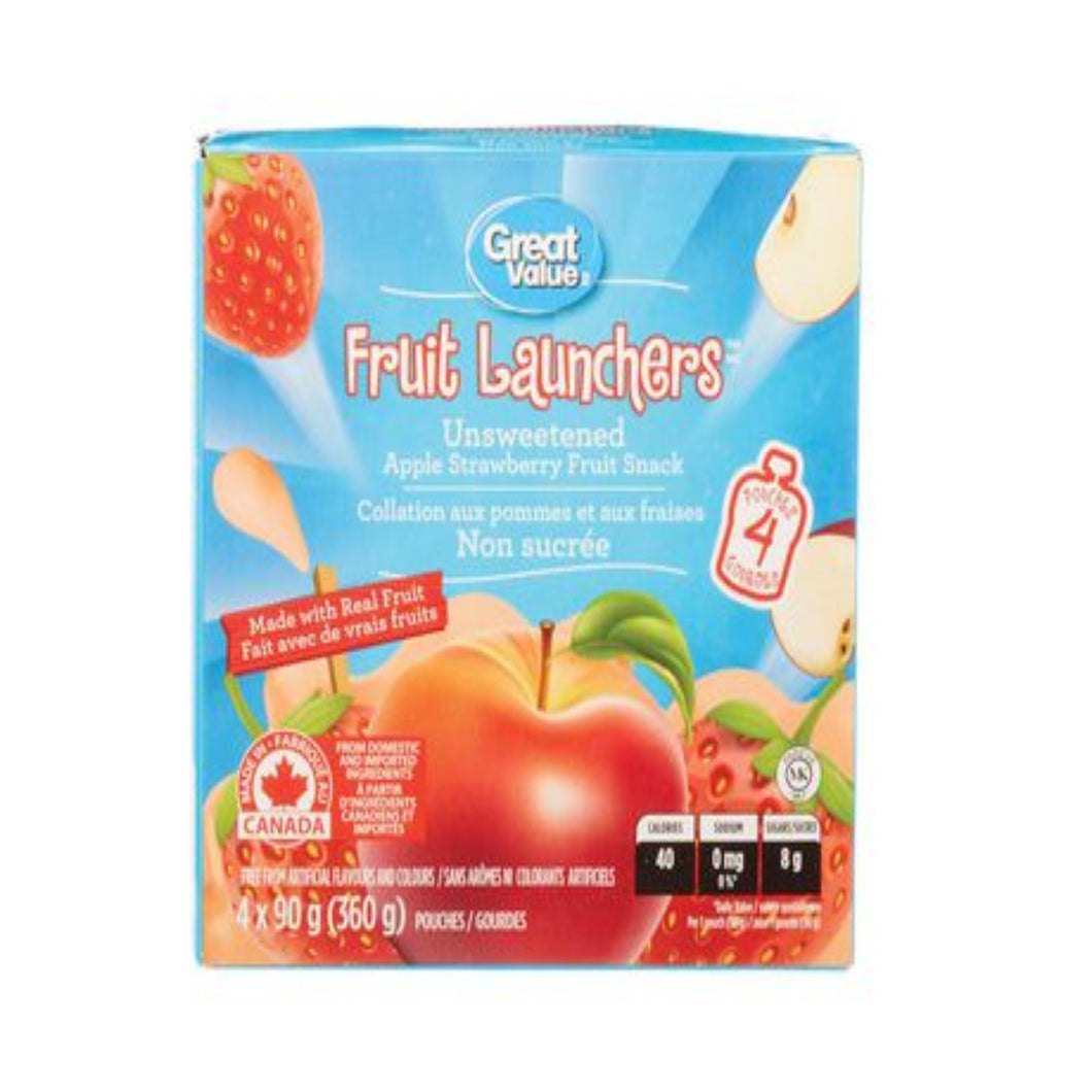 Great Value Unsweetened Strawberry Fruit Launchers Fruit Snacks | 4 x 90 g Pouches, 360 g, Strawberry