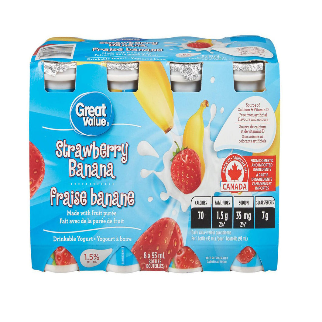 Great Value Strawberry Banana Drinkable Yogurt | 8 x 93 mL